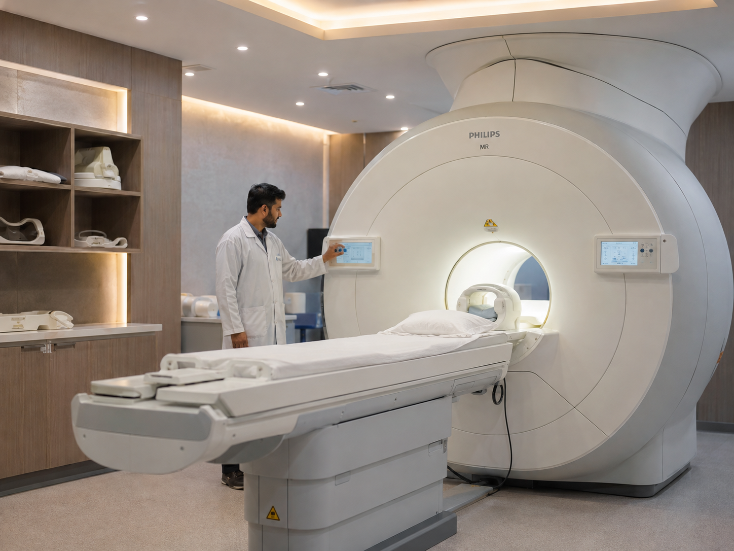 Modern medical MRI scanner and healthcare diagnostic equipment